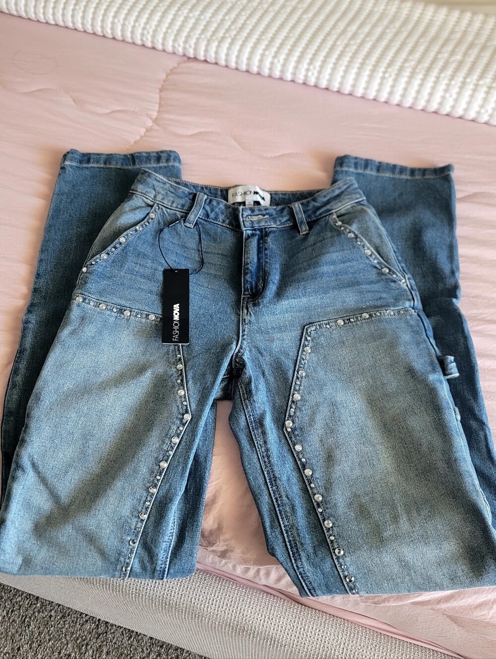 NWT Fashion Nova Medium Wash Studded Front Jeans